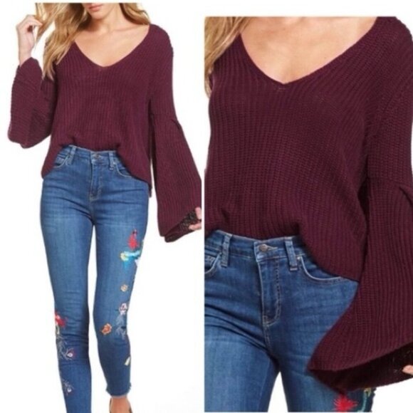 Free People Sweaters - Free People Damsel Sweater Purple Bell Sleeve V Neck Rib Knit Boho Size S/P